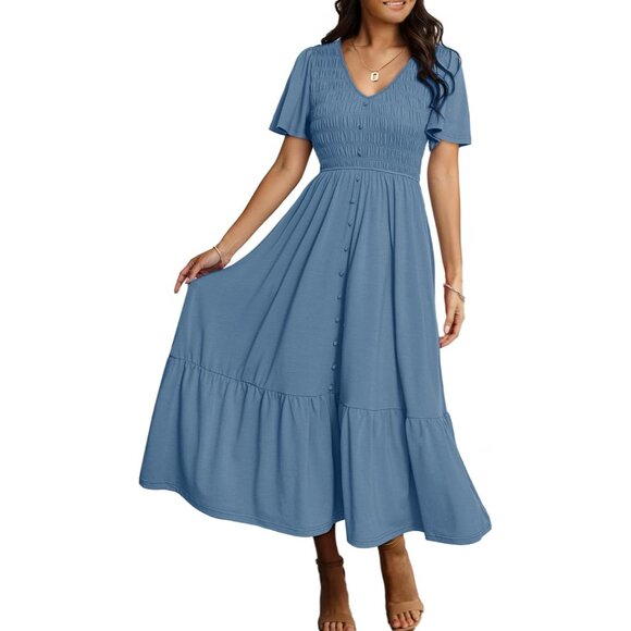 Womens Summer Smocked Flowy Dress Boho Maxi Pockets Casual Dress - Picture 1 of 6